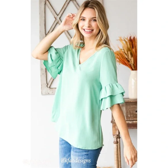 LAST 1! V Neck Stunning Double Ruffle Sleeve Mint Top! - Picture 2 of 6